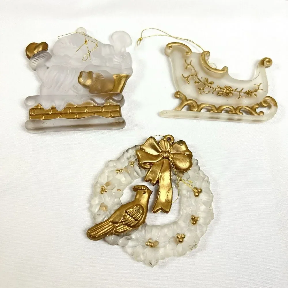 VTG Clear Frosted Acrylic Christmas Ornaments Gold Trim 13pc LOT Santa Dove Bell